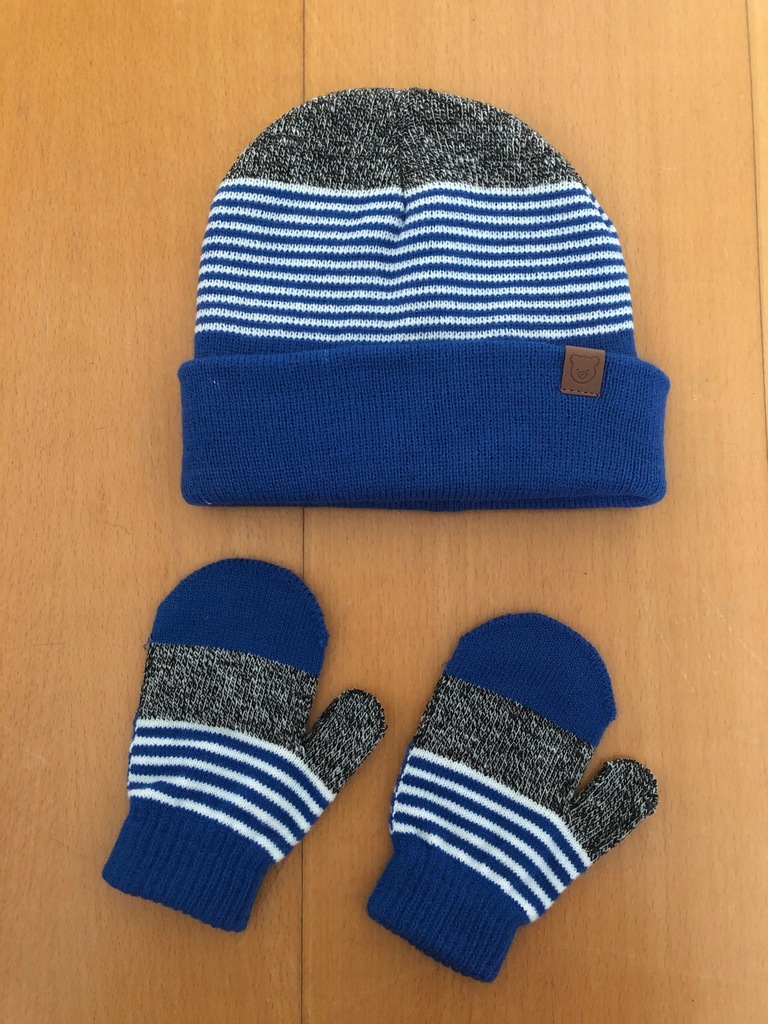 Nowy komplet czapka rękawiczki niebieski 98/104