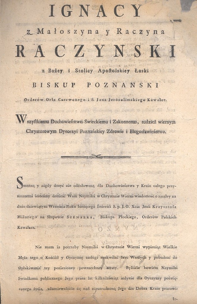 Ignacy z Małoszyna y Raczyna Raczyński Poznań 1797