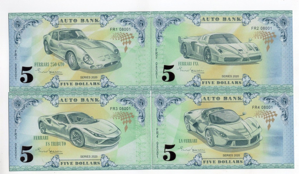 Banknoty fantazyjne samochody Ferrari 4 sztuki