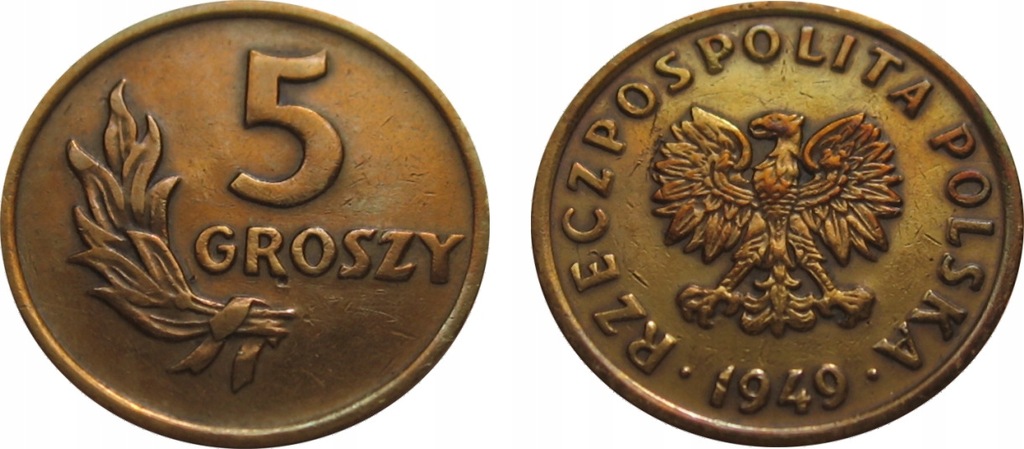 5 GROSZY - 1949 r. BRĄZ PIĘKNY EGZEMPLARZ