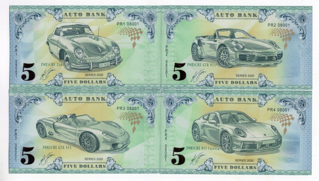 Banknoty fantazyjne samochody Porsche 4 sztuki