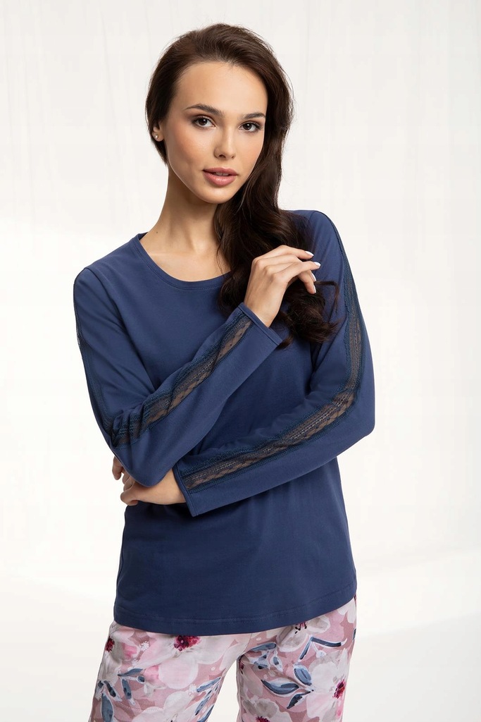PIŻAMA DAMSKA LUNA granatowa Z RĘKAWAMI Z KORONKĄ / pastelowe kwiaty XL