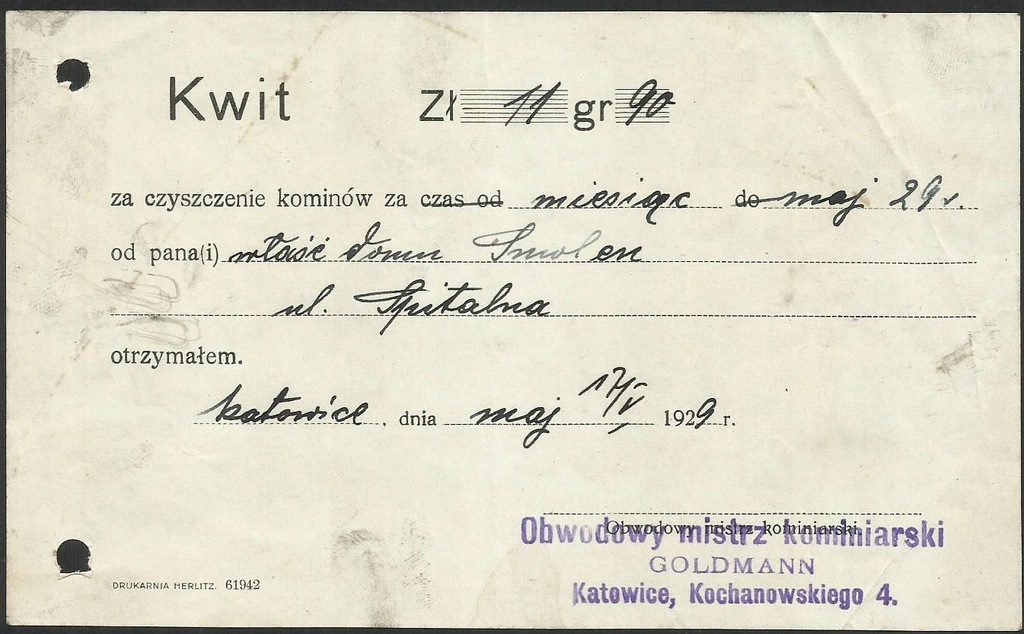 Kominiarz kwit 1929 Katowice Goldmann