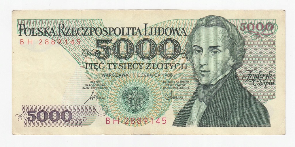 Banknot 5000 zł 1986, seria BH, st. 3+