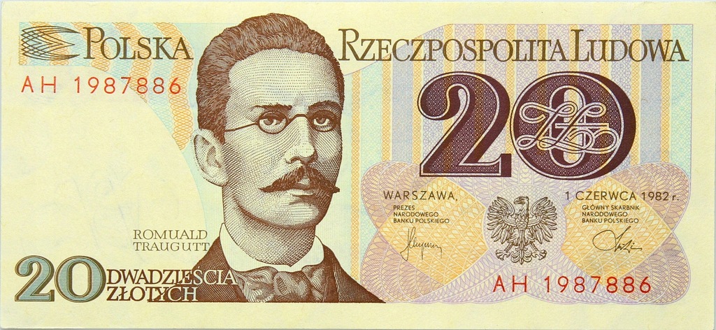 PRL BANKNOT 20 Złotych 1982 seria AH TRAUGUTT UNC