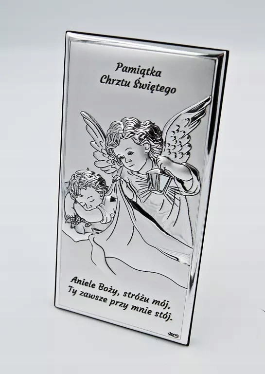 OBRAZ SREBRNY ANIOŁ STRÓŻ PAMIĄTKA CHRZTU OBRAZEK