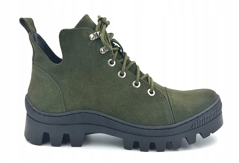 Lekkie Wiązane KLASYCZNE Trzewiki botki platforma skóra naturalna oliwka 36