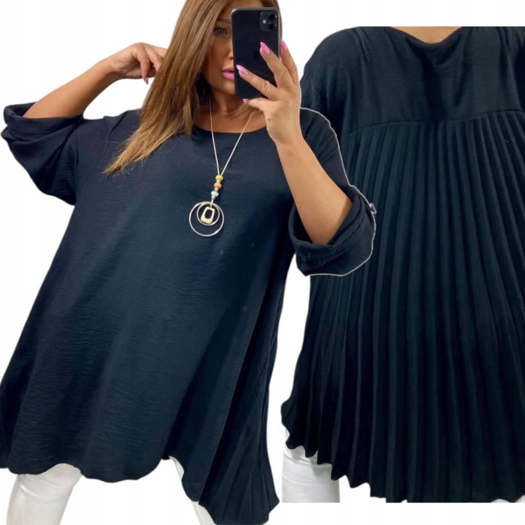 PIĘKNA PLISOWANA TUNIKA CZARN luźna bluzka wiskoza z wisiorem 50 52 5XL 6XL