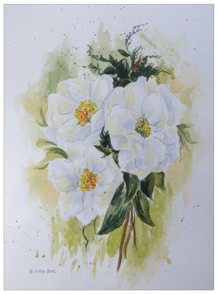 Akwarela, format A4, Białe kwiaty
