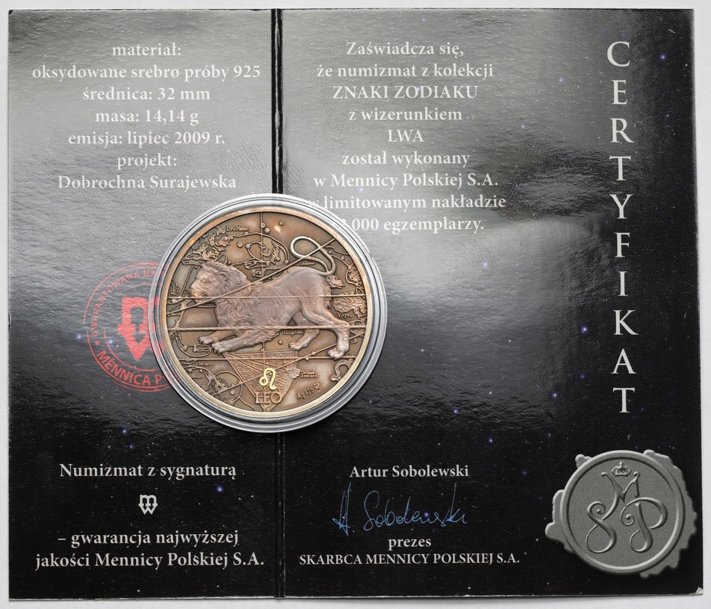 8278. Medal SREBRO Znaki Zodiaku - Lew 2009