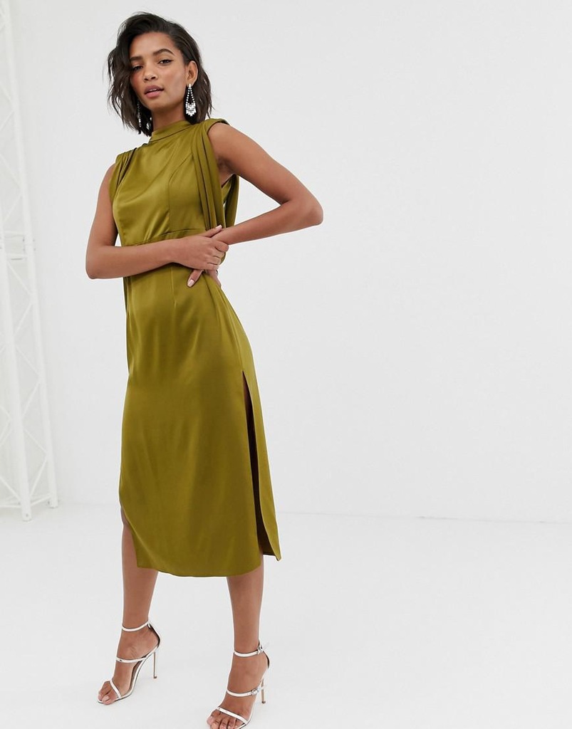 ASOS DESIGN__XDI KHAKI SATYNOWA SUKIENKA MIDI__XXS