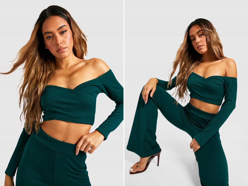 I011C07 Boohoo TOP CROP BARDOT BUTELKOWA ZIELEŃ 42