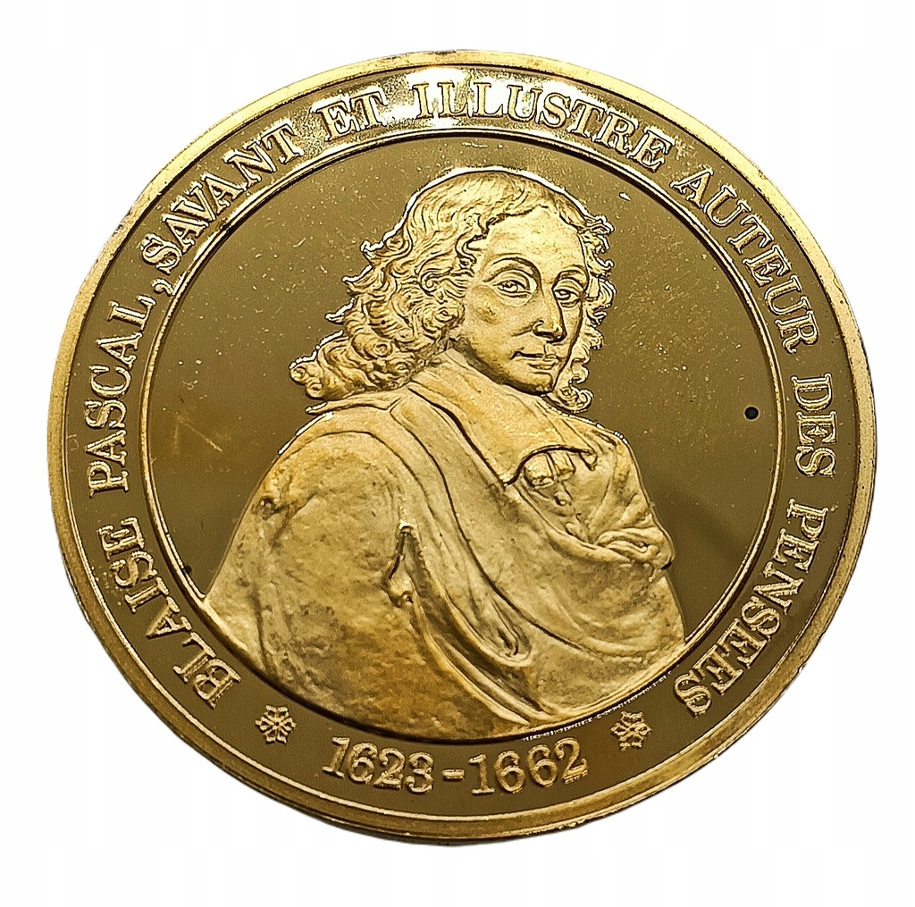 Srebrny medal Blaise Pascal, 38 g, Gold plated