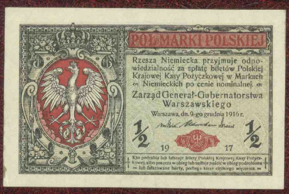 1/2 Marki Polskiej 1916 r. ser. B st 2/2+ Generał - PIĘKNY