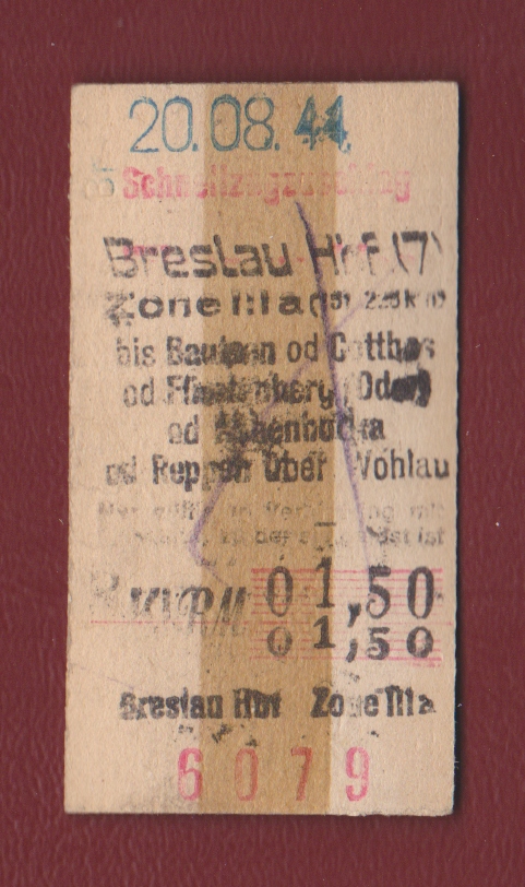 Wrocław Breslau Wołów Wohlau bilet kartonikowy kolejowy pospieszny