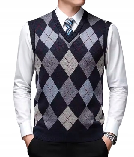 Męska kamizelka dzianinowa w romby granatowa bez rękawów rozmiar M