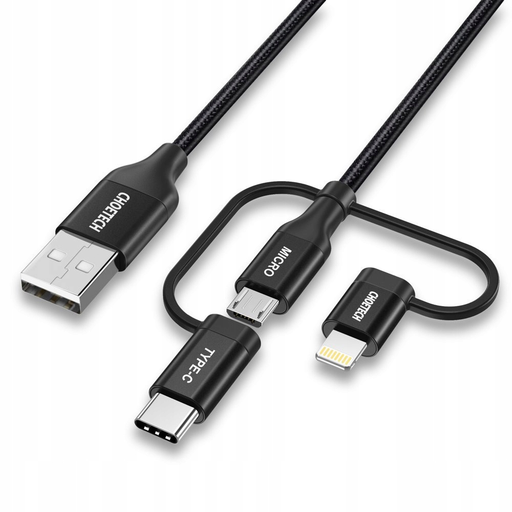 Kabel Choetech 3w1 USB-A/MFI/USB-C/microUSB 1,2m czarny