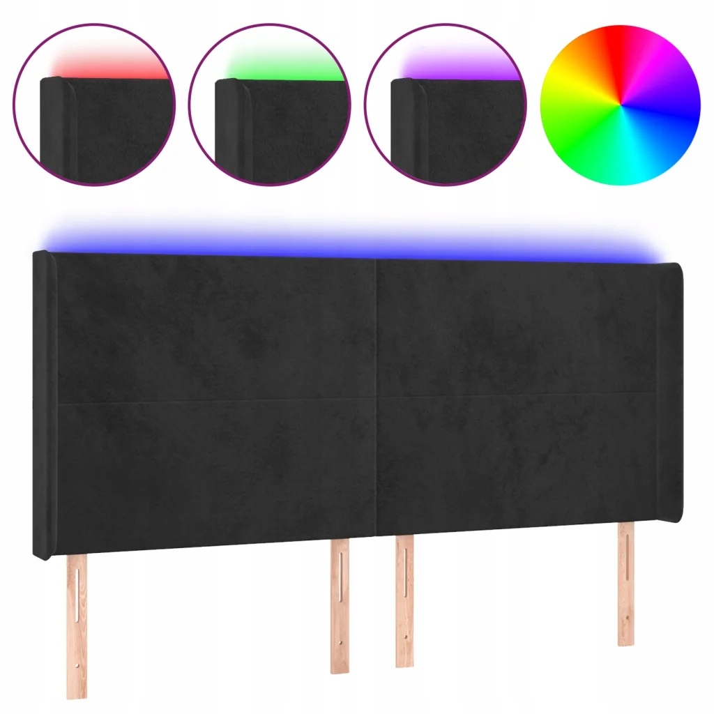 vidaXL Zagłówek do łóżka z LED, czarny, 203x16x118/128 cm, aksamit