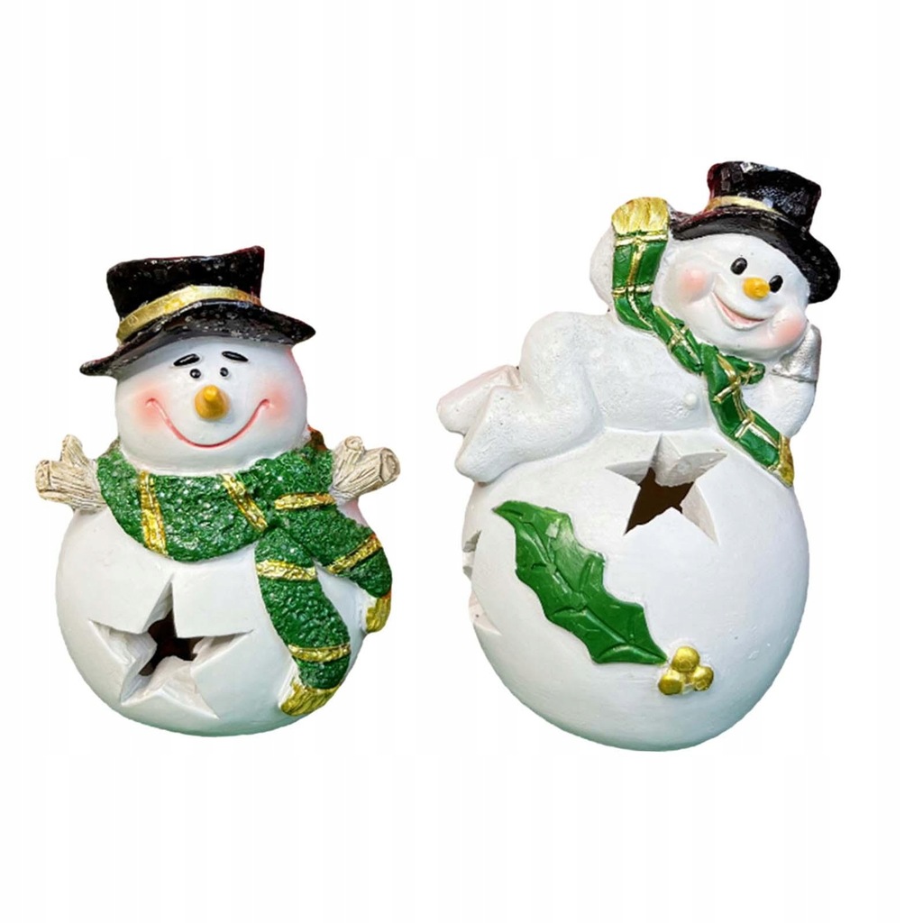 2x Lighted Snowmen Figurines Resin Sculpture Statue Holiday Christmas Green