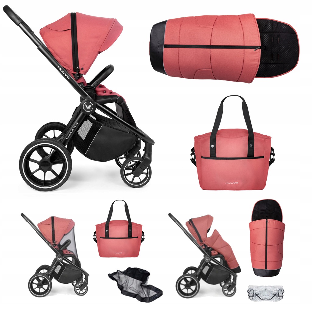 MUUVO QUICK 3.0 KULTOWY WÓZEK SPACERÓWKA ZESTAW: TORBA ŚPIWOREK FOLIA PINK
