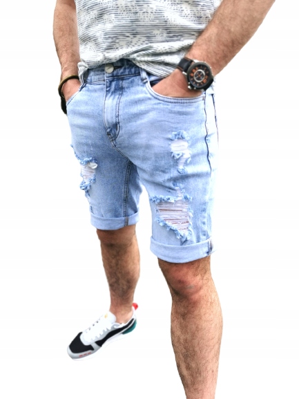 Krótkie spodenki jeans męskie dziury jasne V 36