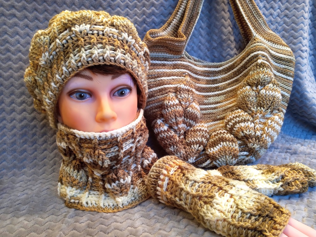 Jesienny zestaw "LIŚCIE" - torba, beret, komin i mitenki