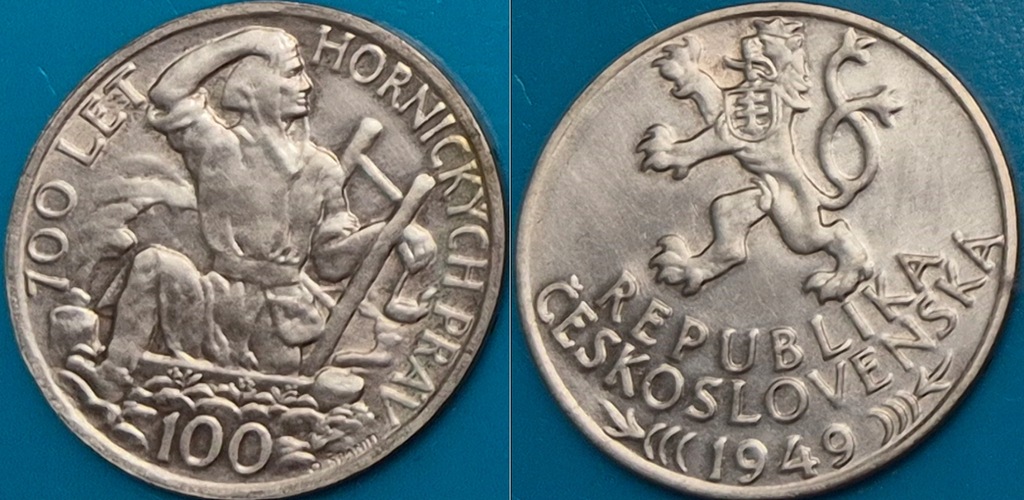 Czechosłowacja 100 koron 1949r. 700 lat praw górniczych KM 29 srebro 14 gr.