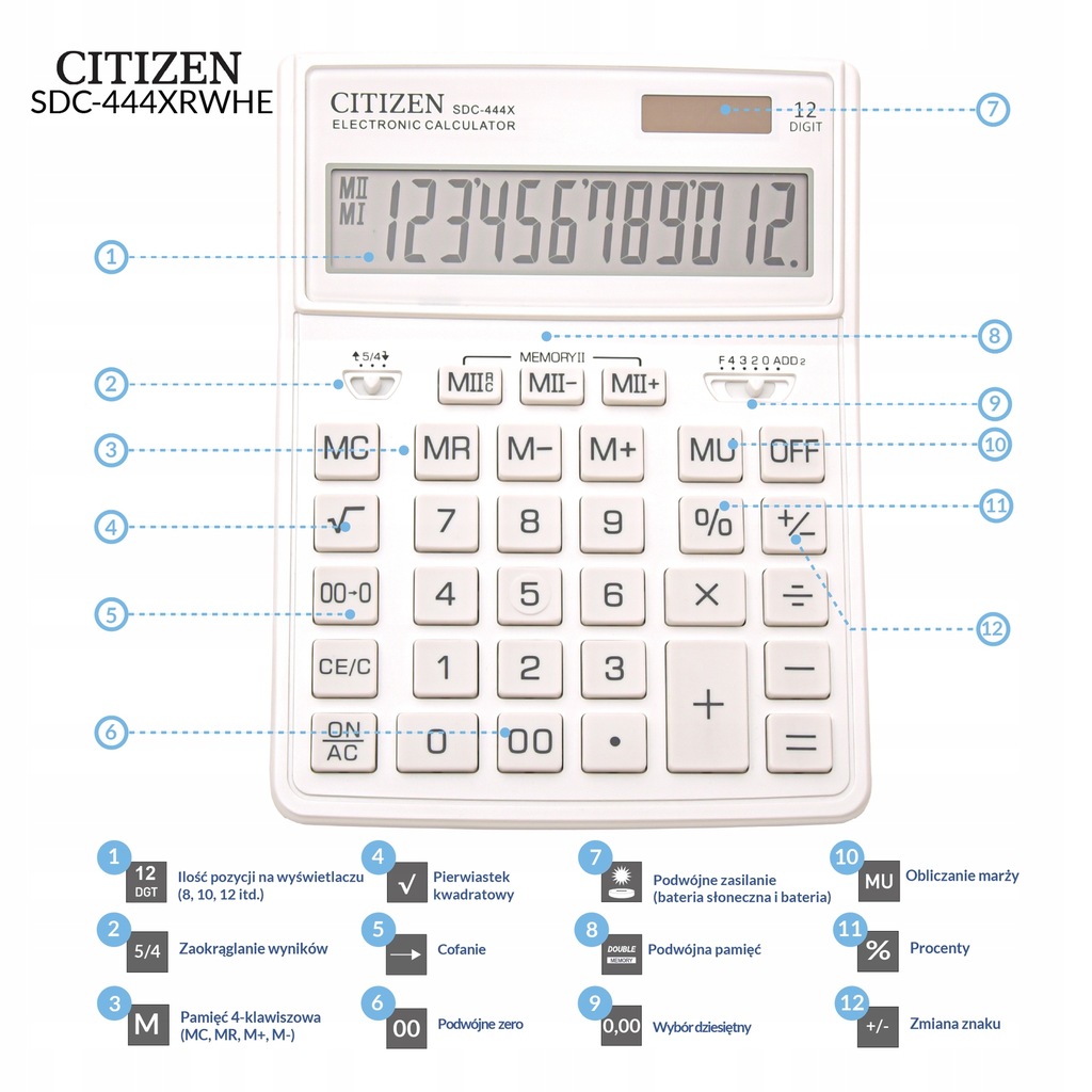 Купить Калькулятор офисный CITIZEN SDC-444XRWHE 12-значный: отзывы, фото, характеристики в интерне-магазине Aredi.ru