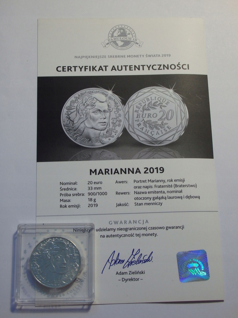 20 Euro, Francja, Marianna 2019r. Ag Y719