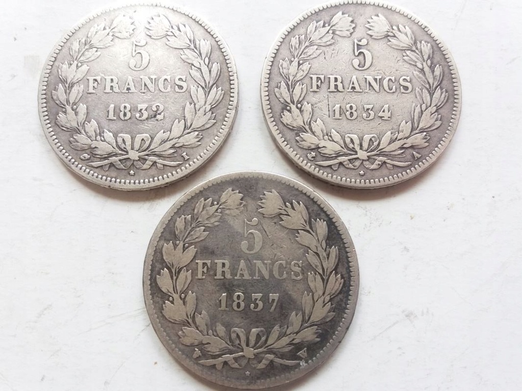 3 monety: Francja 5 fr Ag L. Philippe I 1832 34 37