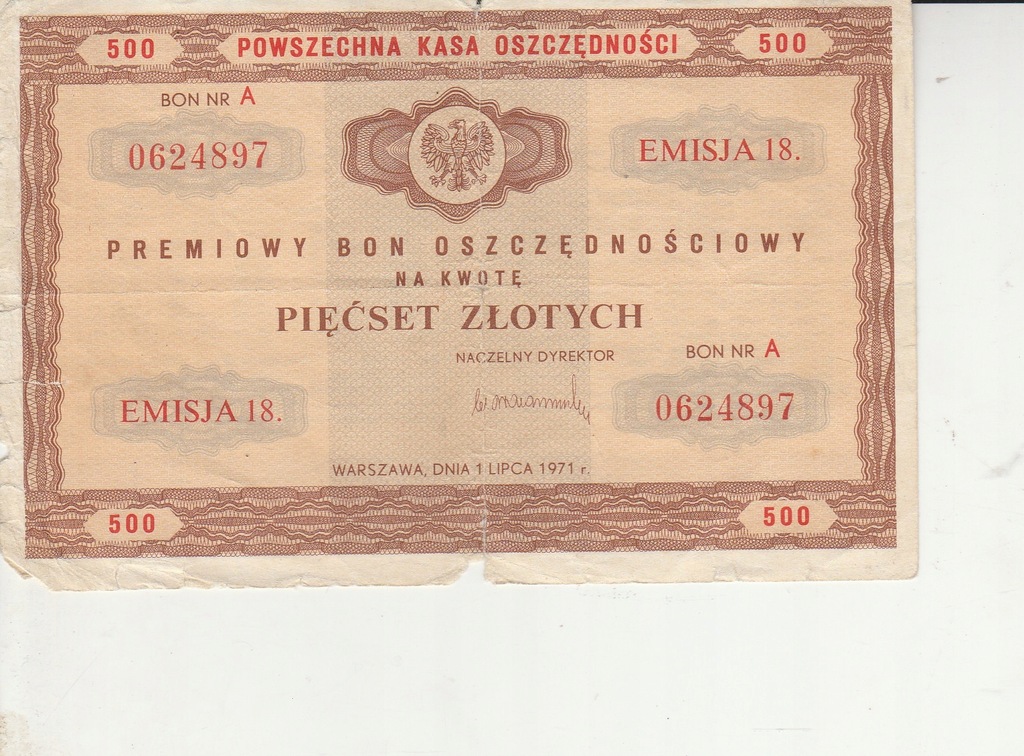 Premiowy Bon Oszczędnościowy PKO 500 zł 1971 r