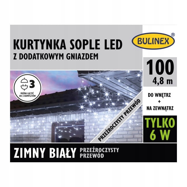 Kurtynka sople 100 LED biały zimny z dodatkowymgniazdkiem z zasilaczem, 4,8