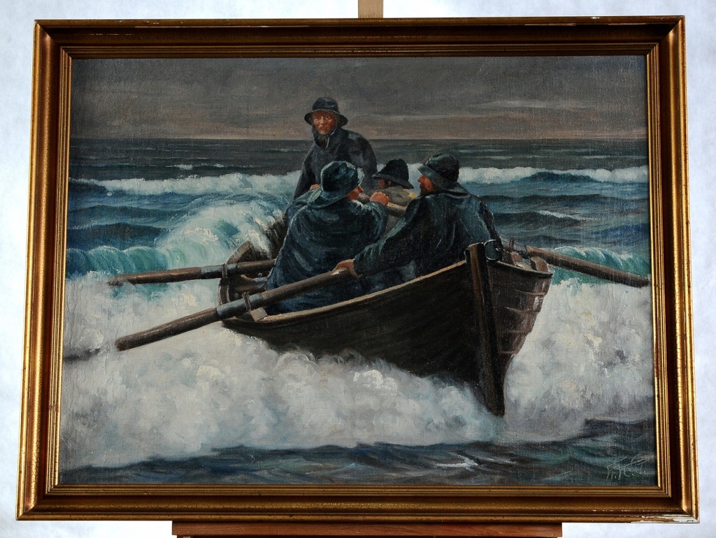 FREDERIK ELLGAARD 1896 RYBACY NA ŁODZI ORYG OBRAZ