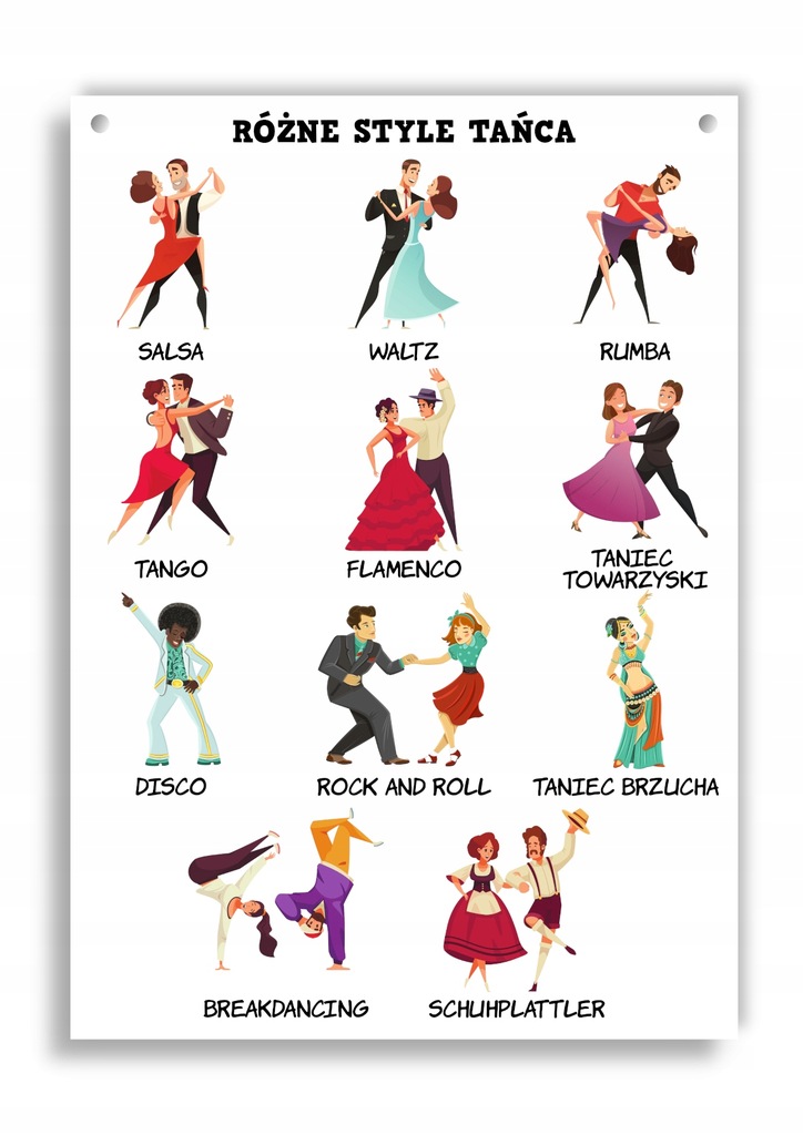 Super tablica różne style tańca tańce grafika A3