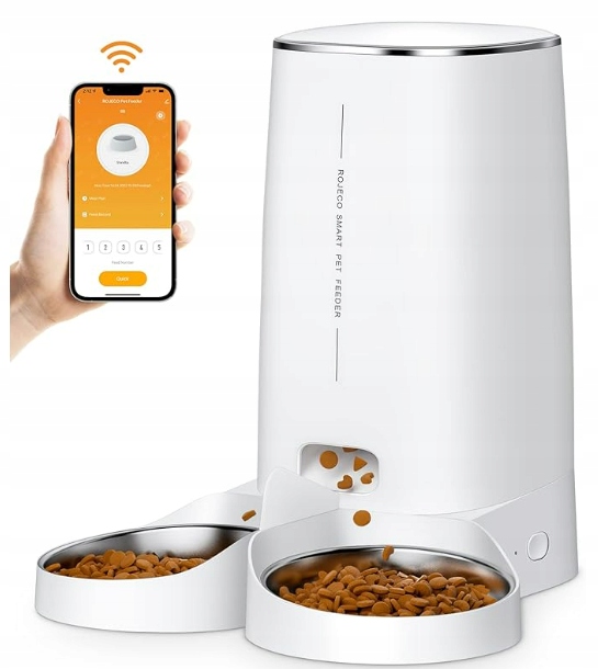Automatyczny karmnik ROJECO z 2 miskami, 4 l, aplikacją, zmywalny, timer