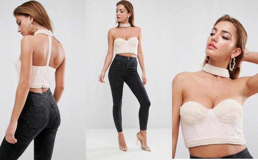 R3H208*KRÓTKI GORSET W PERŁY CHOKER 42 XL U00