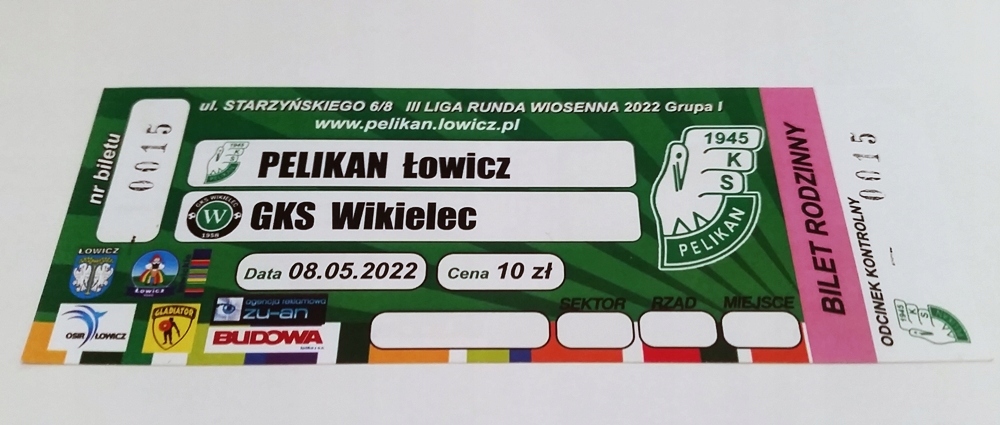 bilet PELIKAN Łowicz - GKS WIKIELEC 08.05.2022