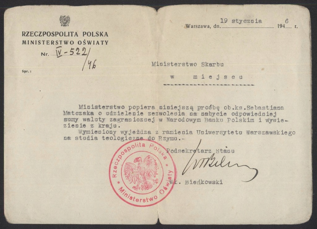 Ministerstwo Oświaty - pismo 1946, Wł. Bieńkowski