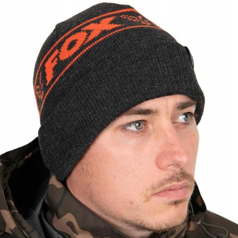 Ciepła Wędkarska Czapka Zimowa Fox Collection Beanie Black/Orange