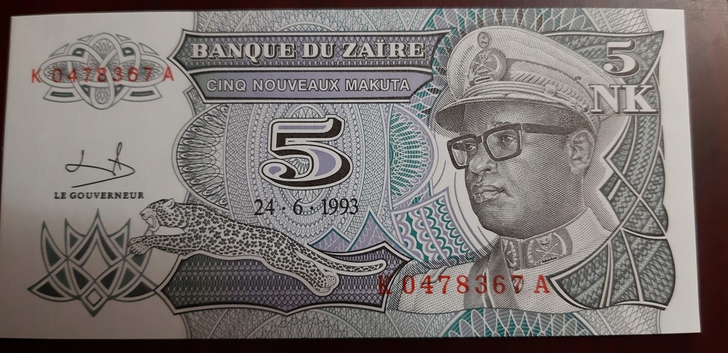 banknot ZAIR 5 MAKUTA 1993 UNC