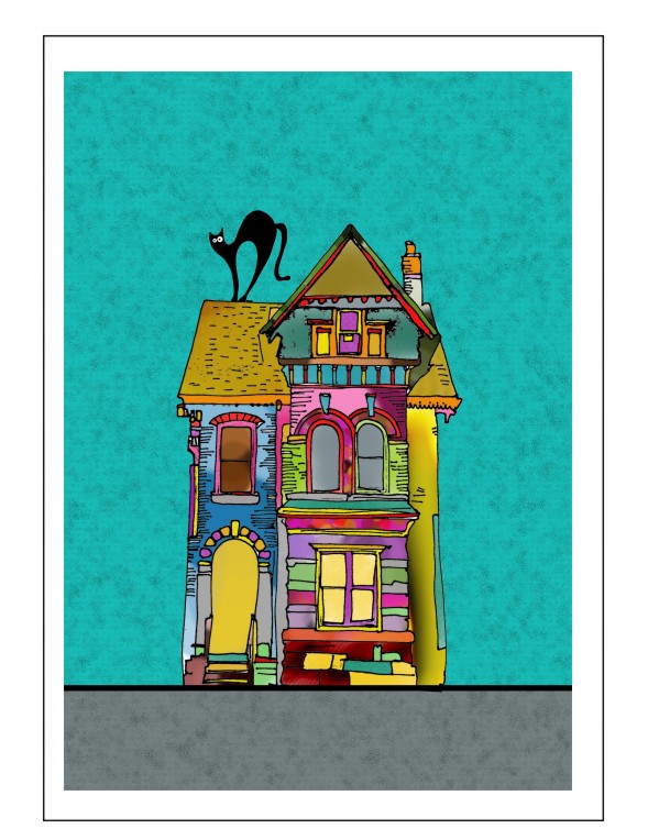 Plakat A4 kolorowy domek kamienica kot