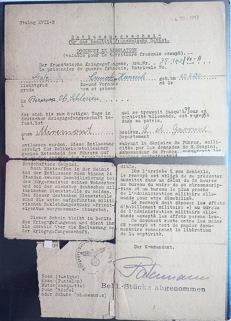 Niemcy III Rzesza STALAG XVII-B Dokument Zwolnienie Jeńca 1942 rok.