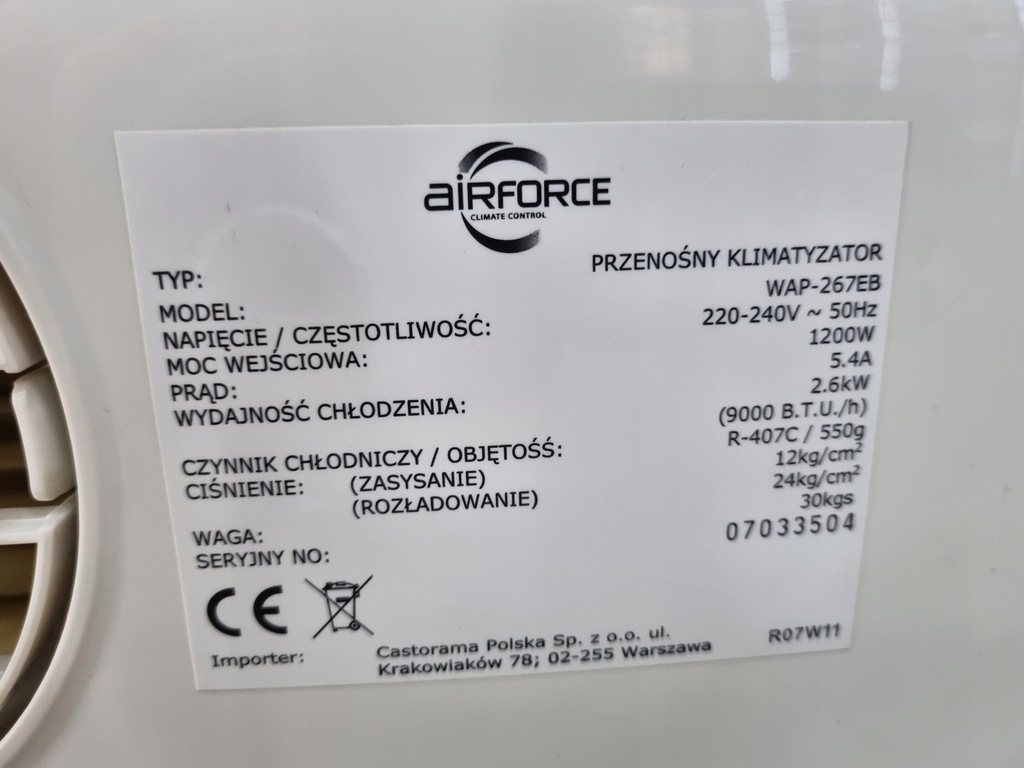 Wydajny klimatyzator AIRFORCE WAP267EB 10915897129 oficjalne