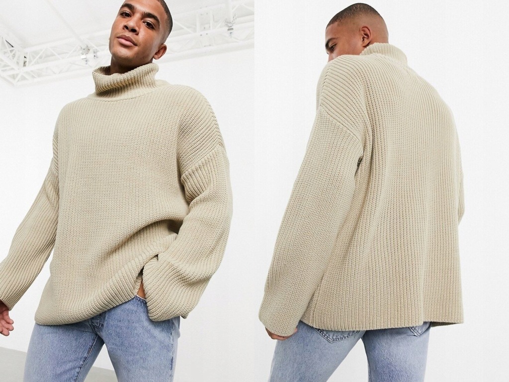 DESIGN Sweter oversize z golfem w kolorze ecru XS