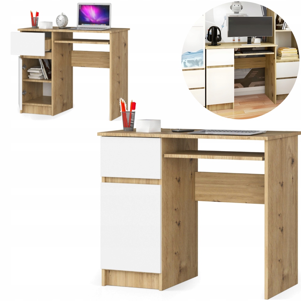 BIURKO KOMPUTEROWE BIUROWE DĄB ARTISAN BIAŁE SZUFLADY 90 NOWOCZESNE A6 LEWE