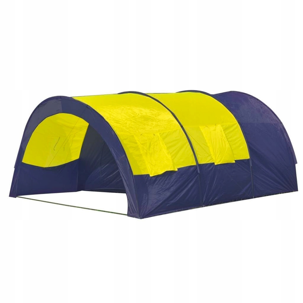 Namiot 6-osobowy, niebieski z żółtymi elementami.