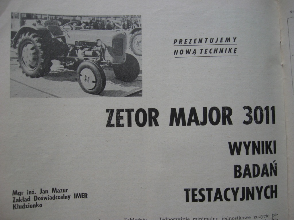 MECHANIZACJA ROLNICTWA ciągnik ZETOR MAJOR 3011 badania testowe - 9/1962