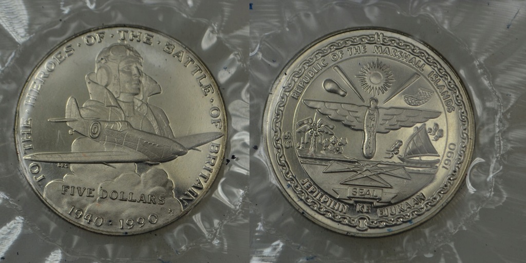 Wyspy Marshalla - 5 Dolarów 1990 rok Bohaterowie Bitwy o Anglię KM# 18