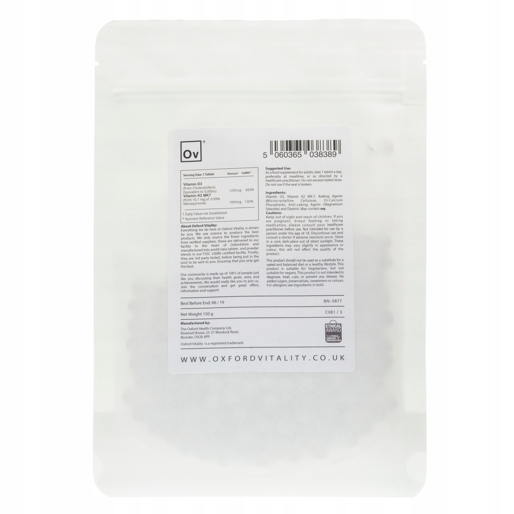 Oxford Vitality Witamina D3 K2 Mk 7 500 Tabletek