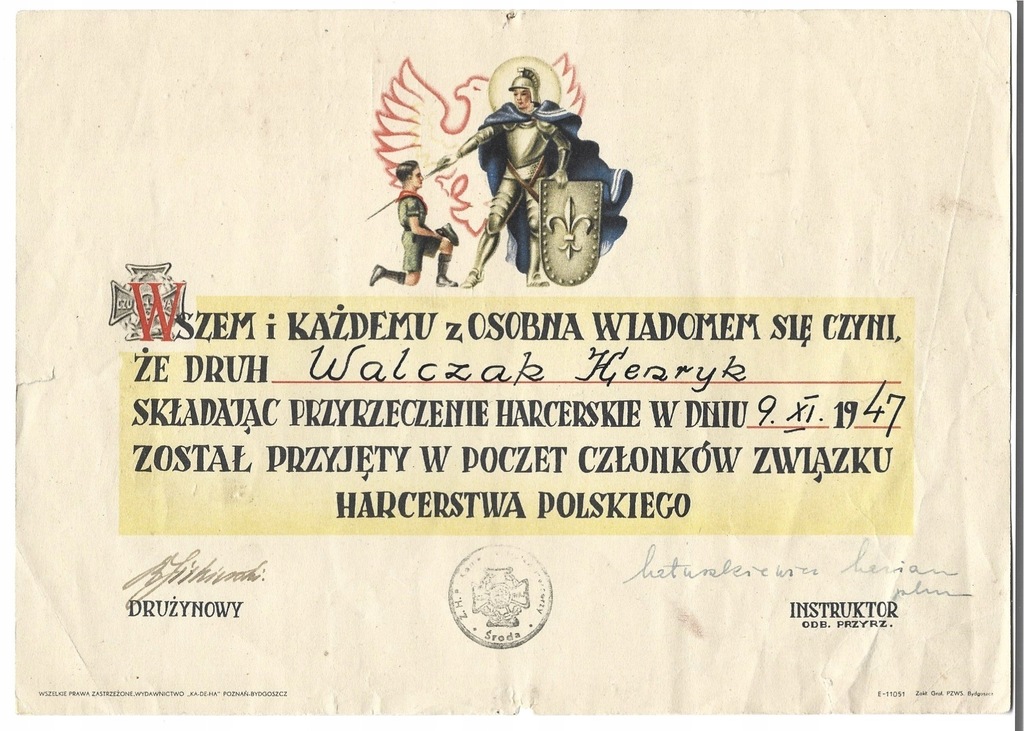 Dokument – przyrzeczenie harcerskie, 1947 r.